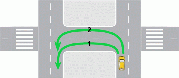 Поворачивает на перекресток с выделенными полосами движения