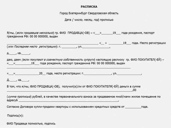 Стандартные формы расписок по ипотеке