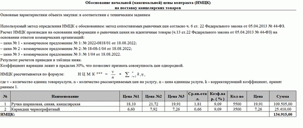 Пример определения начальной максимальной цены контракта на основе 44-ФЗ