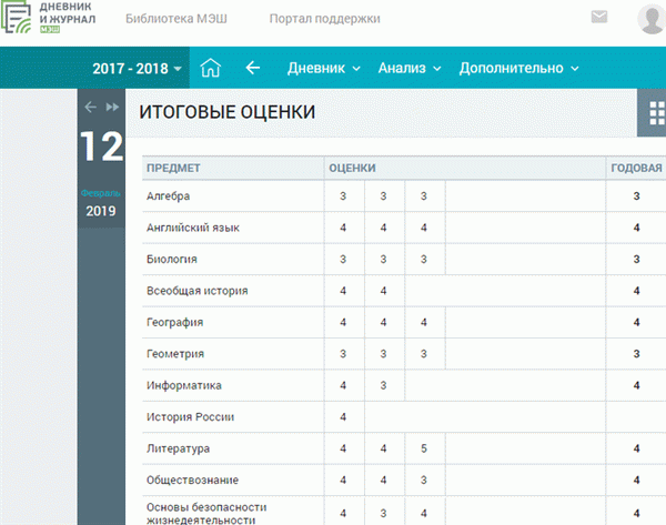 Годовые оценки в электронном календаре